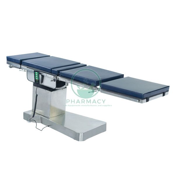 C-Arm Compatible Fully Electromatic O.T. Table With Accentric Base, Translucent top with all standard accessories of S.S. fitting &amp; blue rubberized mattress - 50mm thick.